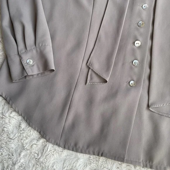 Vintage dove grey pussy bow tie neck blouse secretary 90s taupe long sleeve L - Picture 8 of 17